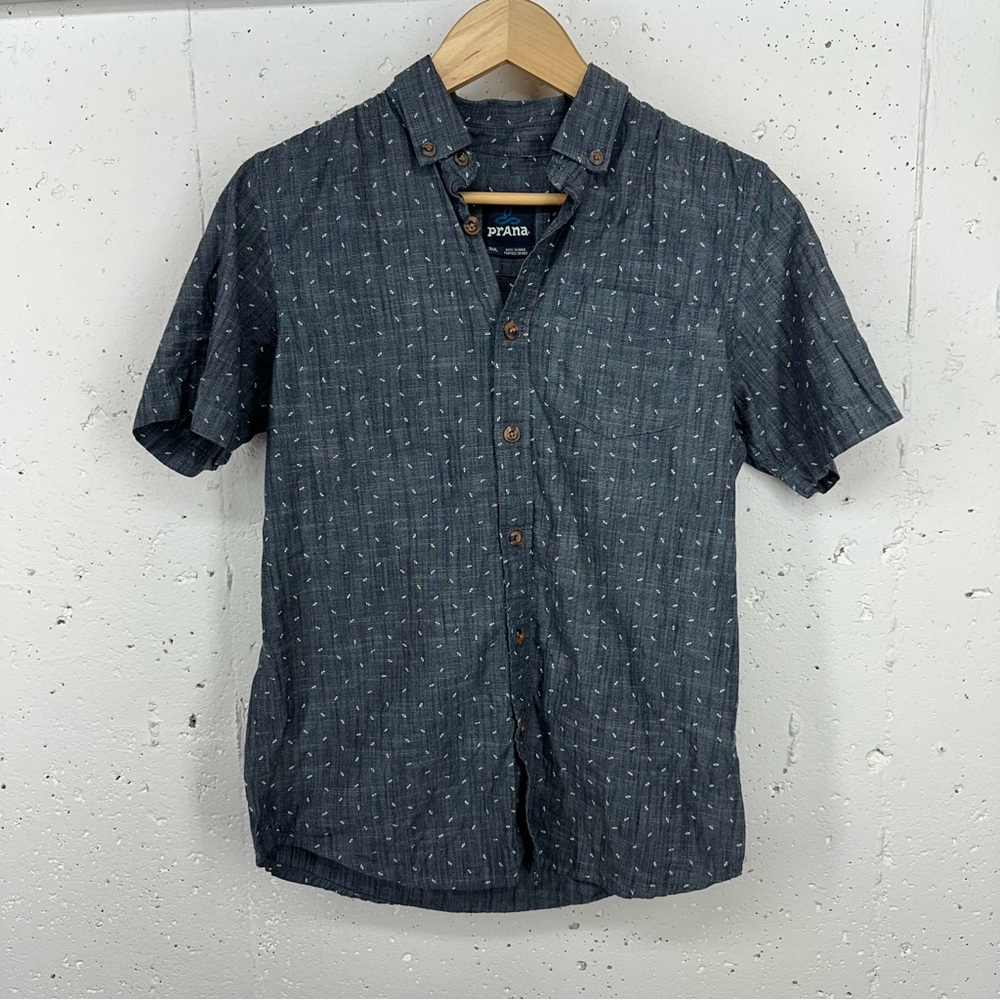 PrAna Men’s Size Small Brody Blue Print Button Down Short Sleeve Shirt